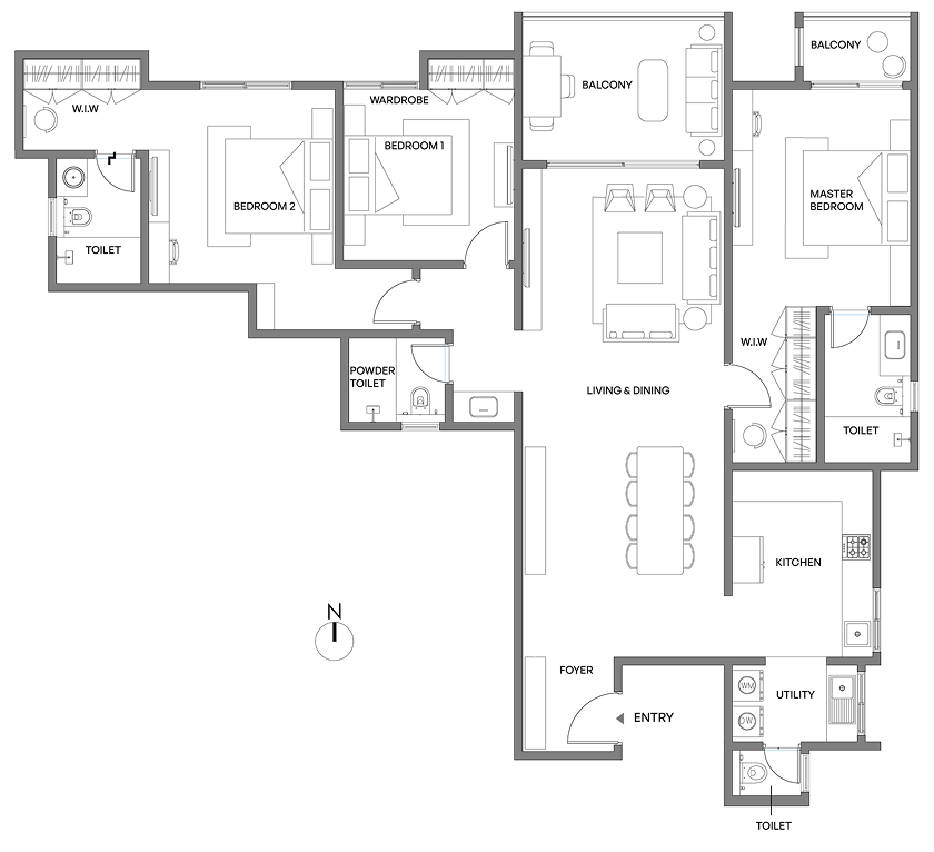 3 BHK Type A Floor Plan